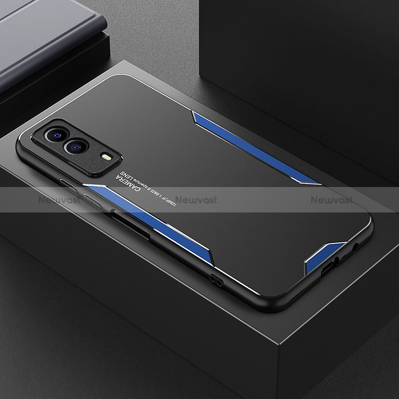 Luxury Aluminum Metal Back Cover and Silicone Frame Case PB1 for Vivo T1x 5G Blue