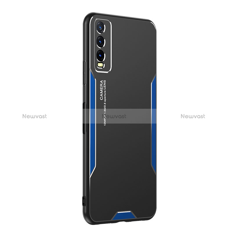 Luxury Aluminum Metal Back Cover and Silicone Frame Case PB1 for Vivo Y12s (2021) Blue