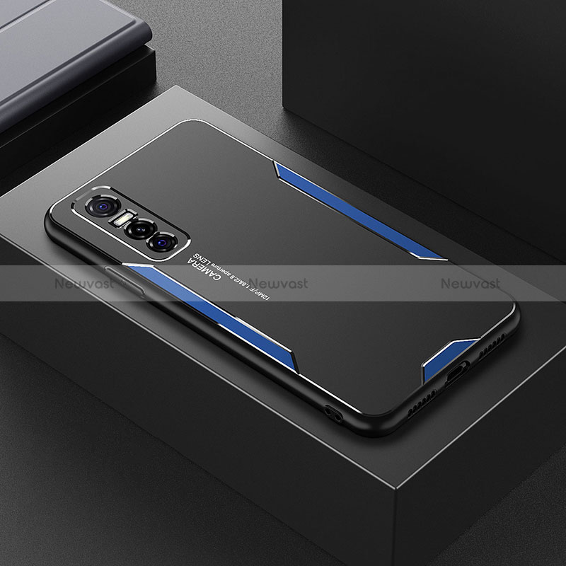 Luxury Aluminum Metal Back Cover and Silicone Frame Case PB1 for Vivo Y73s 5G Blue