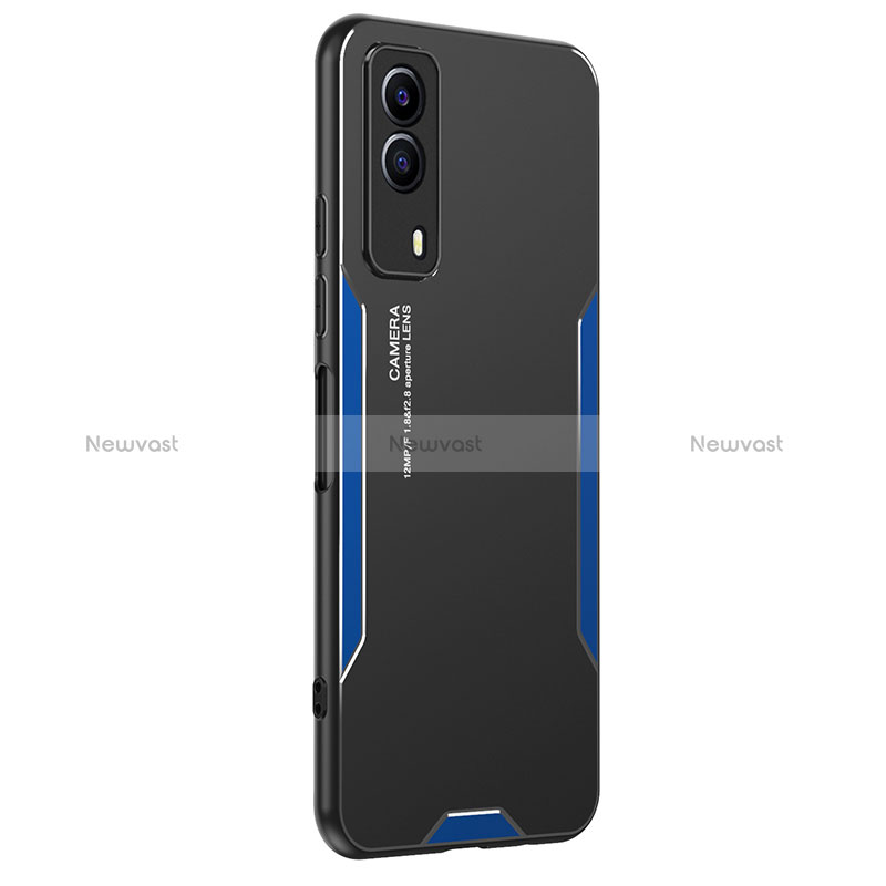 Luxury Aluminum Metal Back Cover and Silicone Frame Case PB2 for Vivo T1x 5G Blue