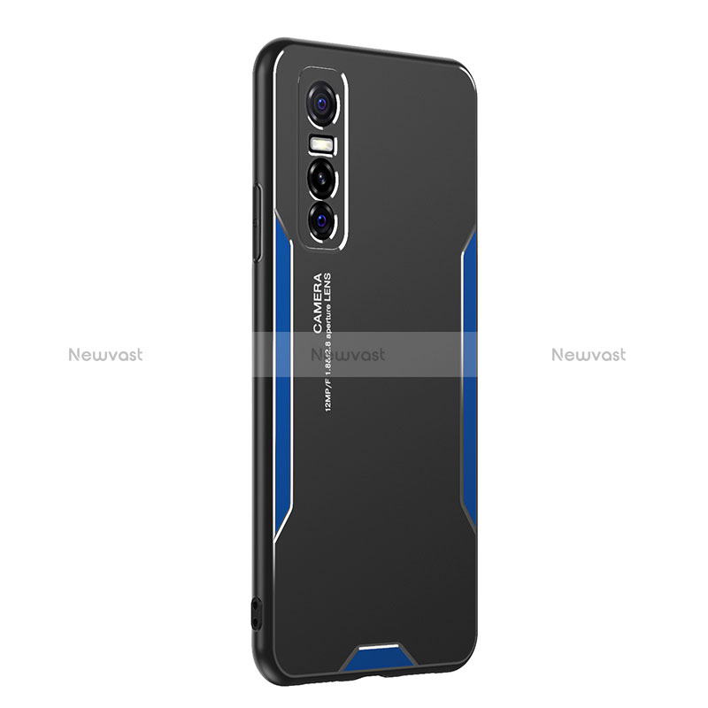 Luxury Aluminum Metal Back Cover and Silicone Frame Case PB2 for Vivo Y73s 5G Blue