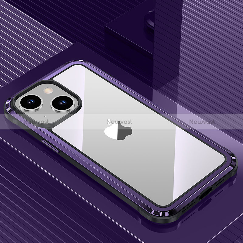 Luxury Aluminum Metal Back Cover and Silicone Frame Case QC1 for Apple iPhone 14 Plus Purple