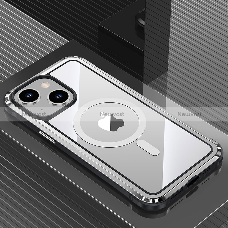 Luxury Aluminum Metal Back Cover and Silicone Frame Case QC1 for Apple iPhone 14 Plus Silver