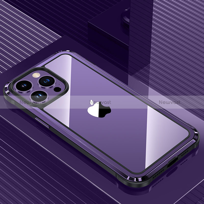 Luxury Aluminum Metal Back Cover and Silicone Frame Case QC1 for Apple iPhone 14 Pro Max Purple