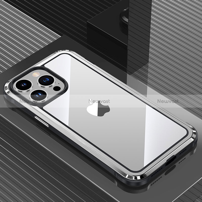 Luxury Aluminum Metal Back Cover and Silicone Frame Case QC1 for Apple iPhone 14 Pro Max Silver