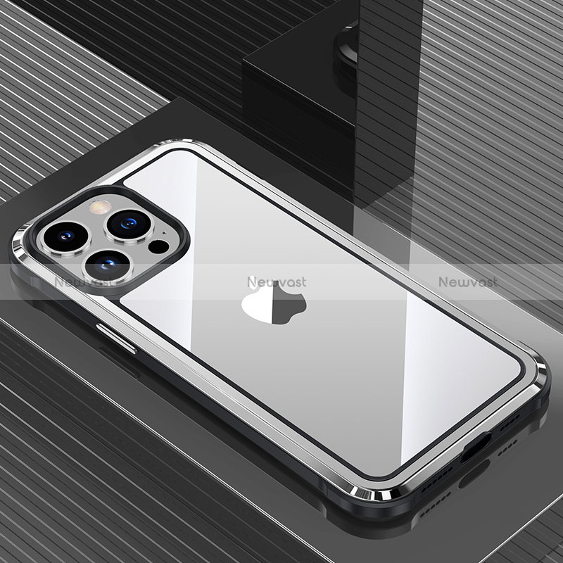 Luxury Aluminum Metal Back Cover and Silicone Frame Case QC1 for Apple iPhone 14 Pro Silver