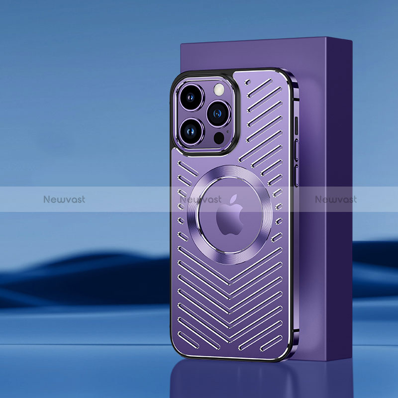 Luxury Aluminum Metal Back Cover and Silicone Frame Case with Mag-Safe Magnetic AC1 for Apple iPhone 13 Pro Purple