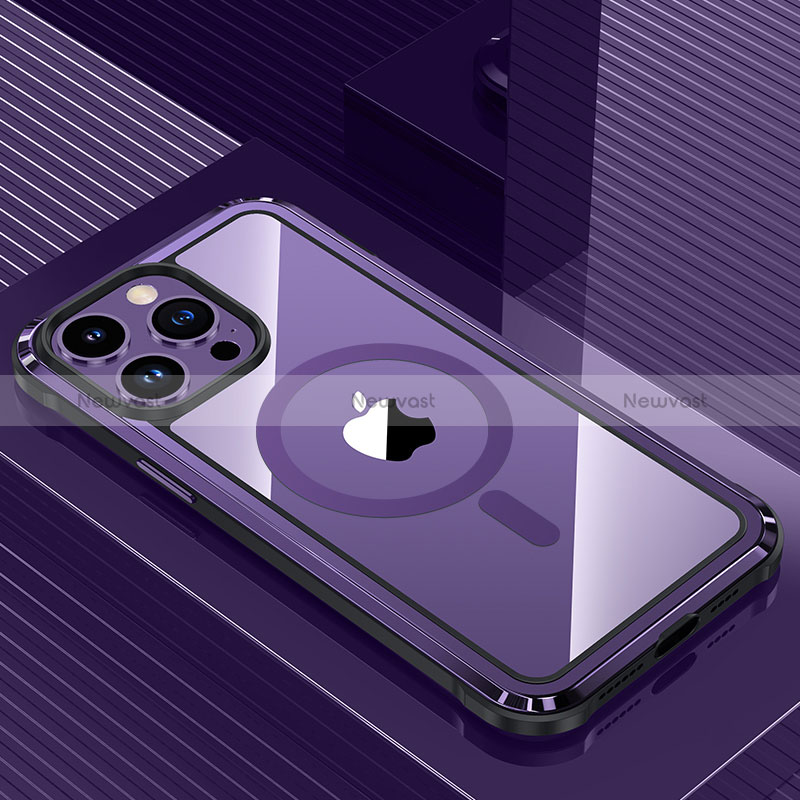 Luxury Aluminum Metal Back Cover and Silicone Frame Case with Mag-Safe Magnetic QC1 for Apple iPhone 13 Pro Purple