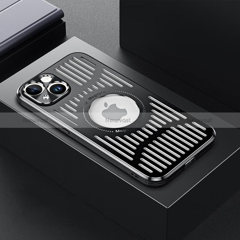 Luxury Aluminum Metal Back Cover and Silicone Frame Case with Mag-Safe Magnetic TX1 for Apple iPhone 15 Black