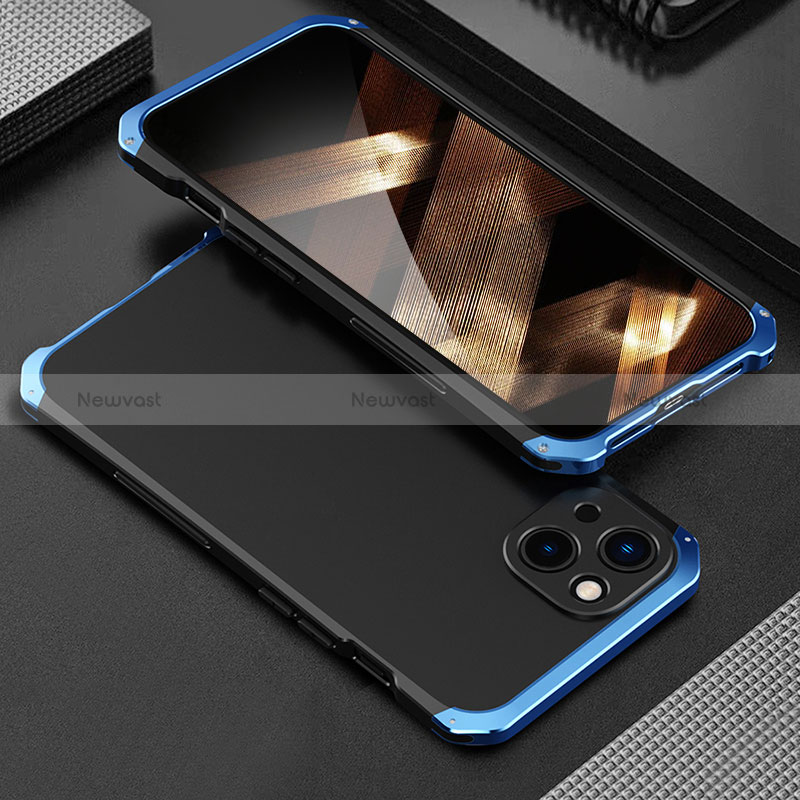 Luxury Aluminum Metal Cover Case 360 Degrees for Apple iPhone 15 Blue and Black