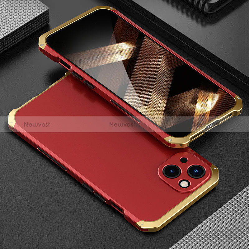 Luxury Aluminum Metal Cover Case 360 Degrees for Apple iPhone 15 Gold and Red