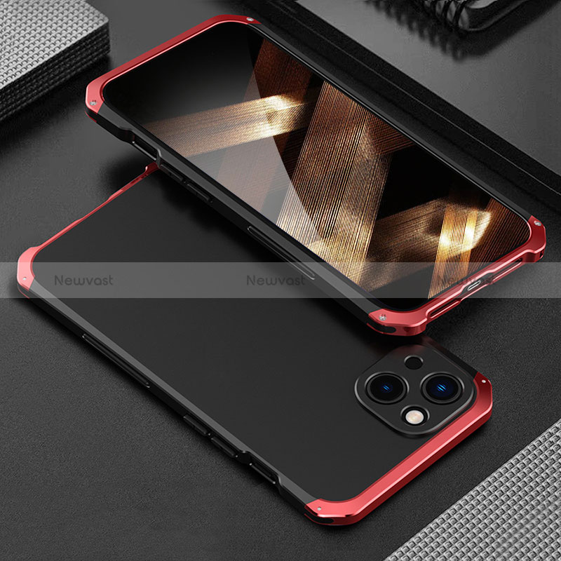 Luxury Aluminum Metal Cover Case 360 Degrees for Apple iPhone 15 Plus Red and Black