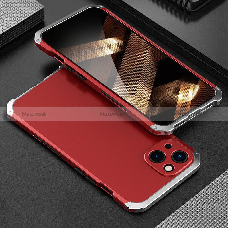 Luxury Aluminum Metal Cover Case 360 Degrees for Apple iPhone 15 Plus Silver and Red