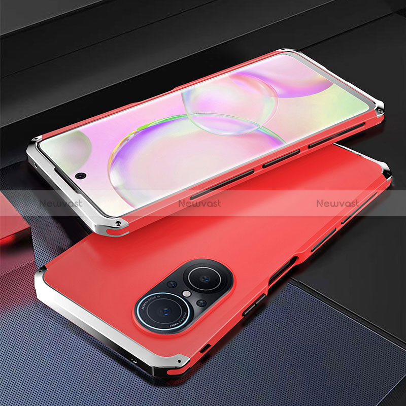 Luxury Aluminum Metal Cover Case 360 Degrees for Huawei Honor 50 SE 5G Silver and Red