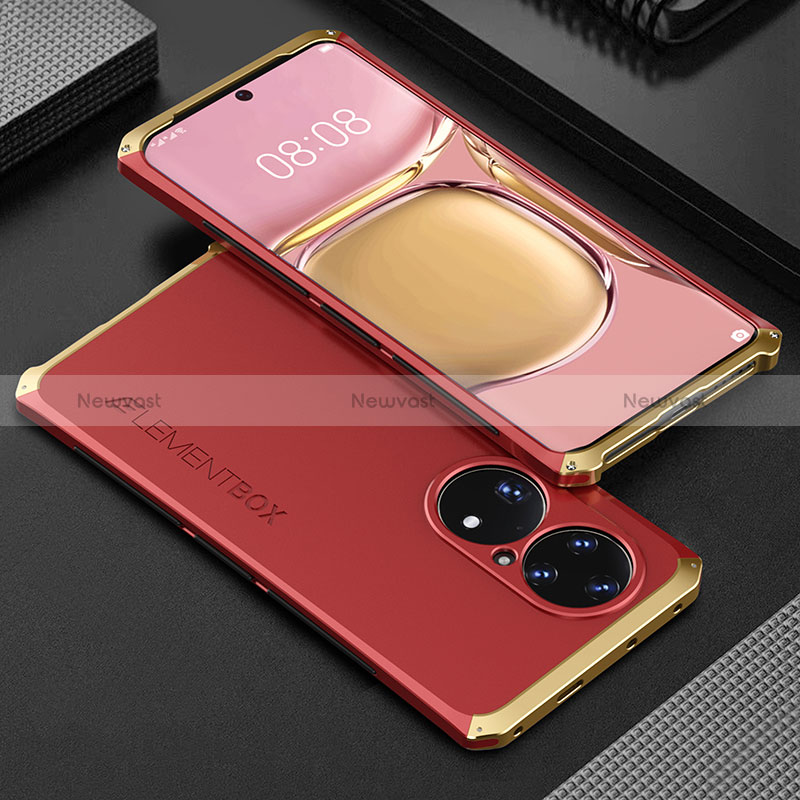 Luxury Aluminum Metal Cover Case 360 Degrees for Huawei P50 Pro Gold and Red