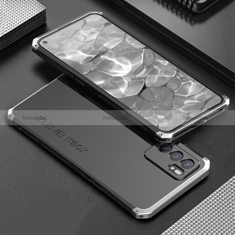 Luxury Aluminum Metal Cover Case 360 Degrees for Oppo Reno6 5G Silver and Black