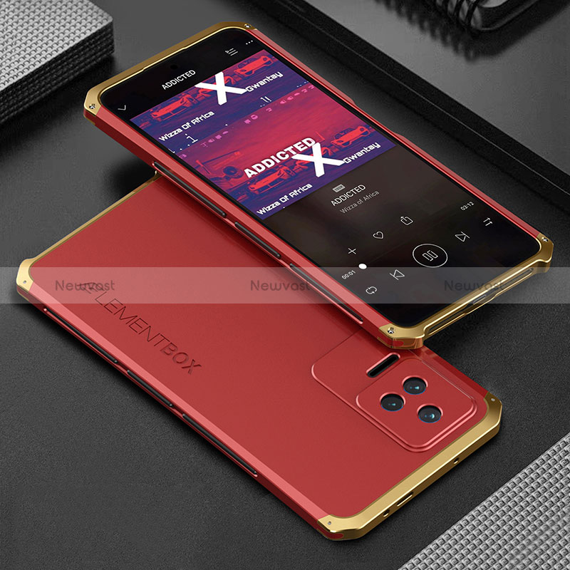 Luxury Aluminum Metal Cover Case 360 Degrees for Xiaomi Poco F4 5G Gold and Red
