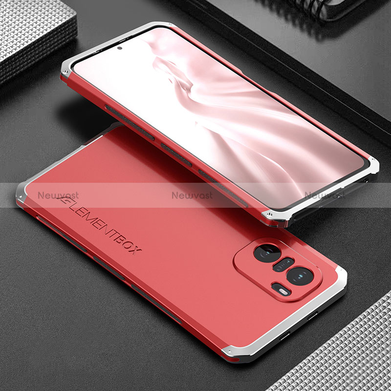 Luxury Aluminum Metal Cover Case 360 Degrees for Xiaomi Redmi K40 5G Silver and Red