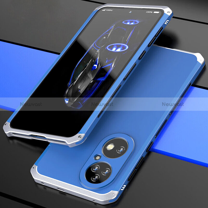 Luxury Aluminum Metal Cover Case 360 Degrees P01 for Huawei P50 Pro Silver and Blue