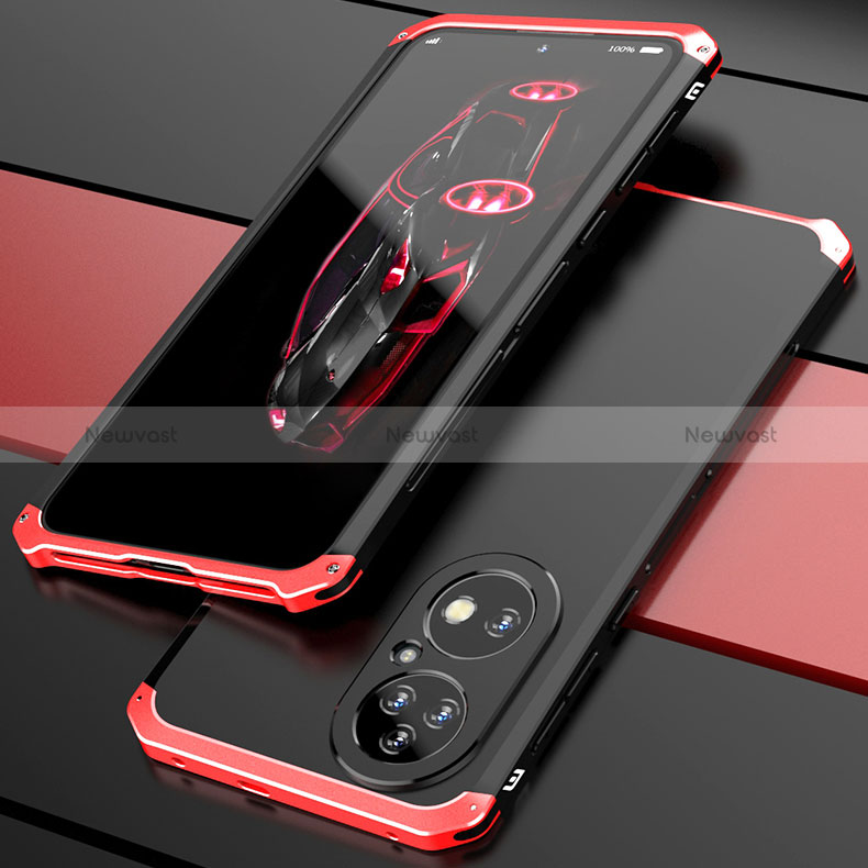 Luxury Aluminum Metal Cover Case 360 Degrees P01 for Huawei P50 Red and Black