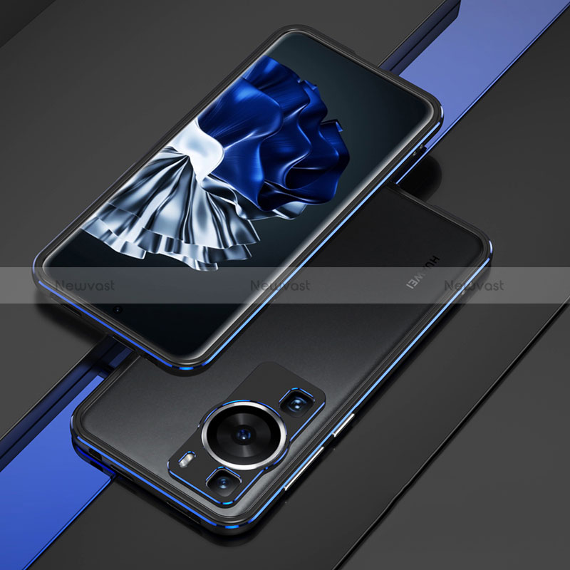 Luxury Aluminum Metal Frame Cover Case for Huawei P60 Pro Blue and Black