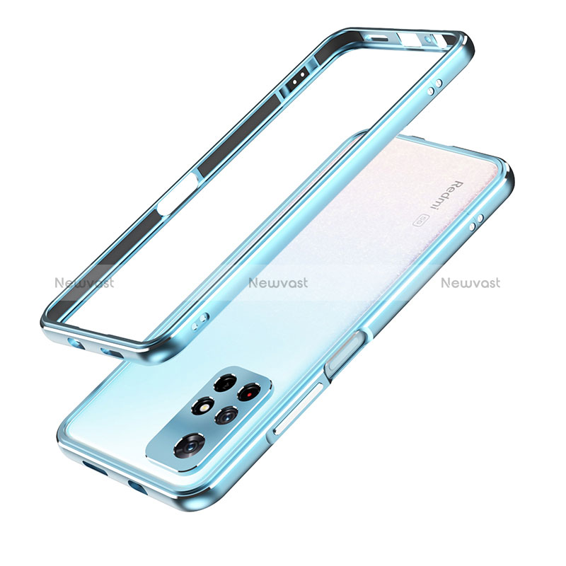 Luxury Aluminum Metal Frame Cover Case S01 for Xiaomi Poco M4 Pro 5G Silver and Blue