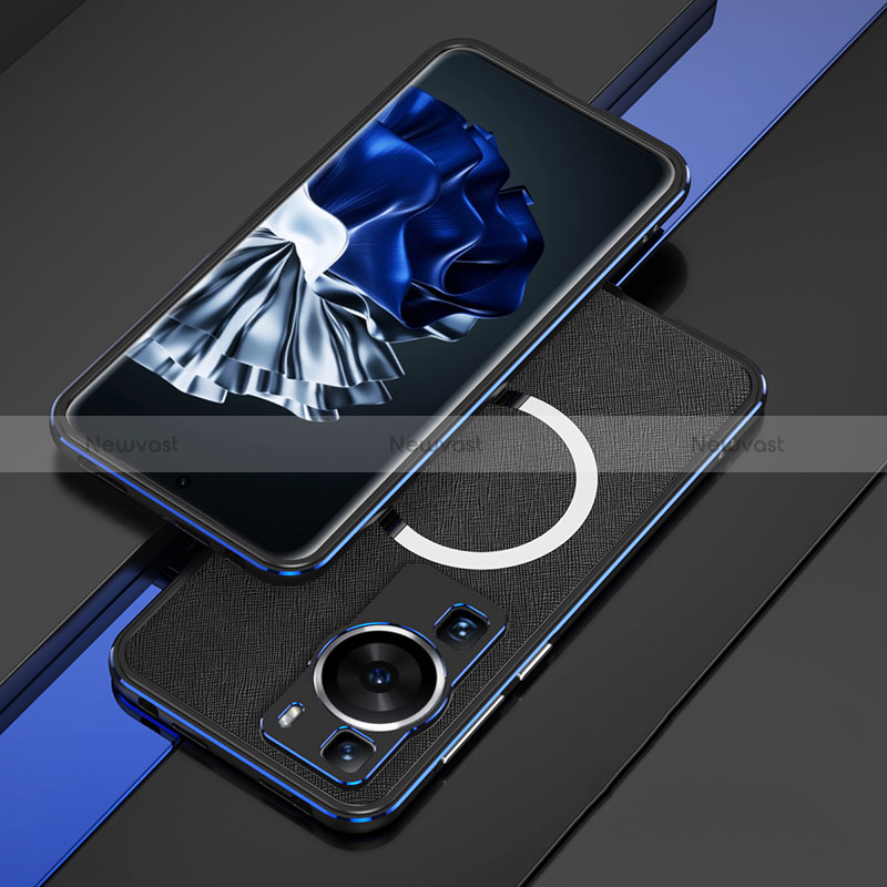 Luxury Aluminum Metal Frame Cover Case with Mag-Safe Magnetic for Huawei P60 Pro Blue and Black