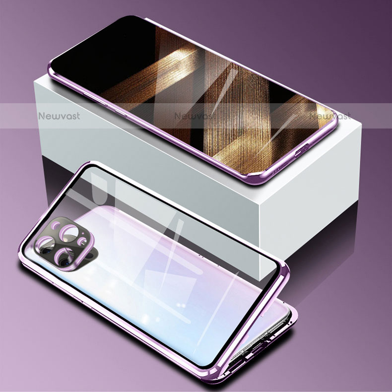 Luxury Aluminum Metal Frame Mirror Cover Case 360 Degrees for Apple iPhone 15 Pro Max Purple