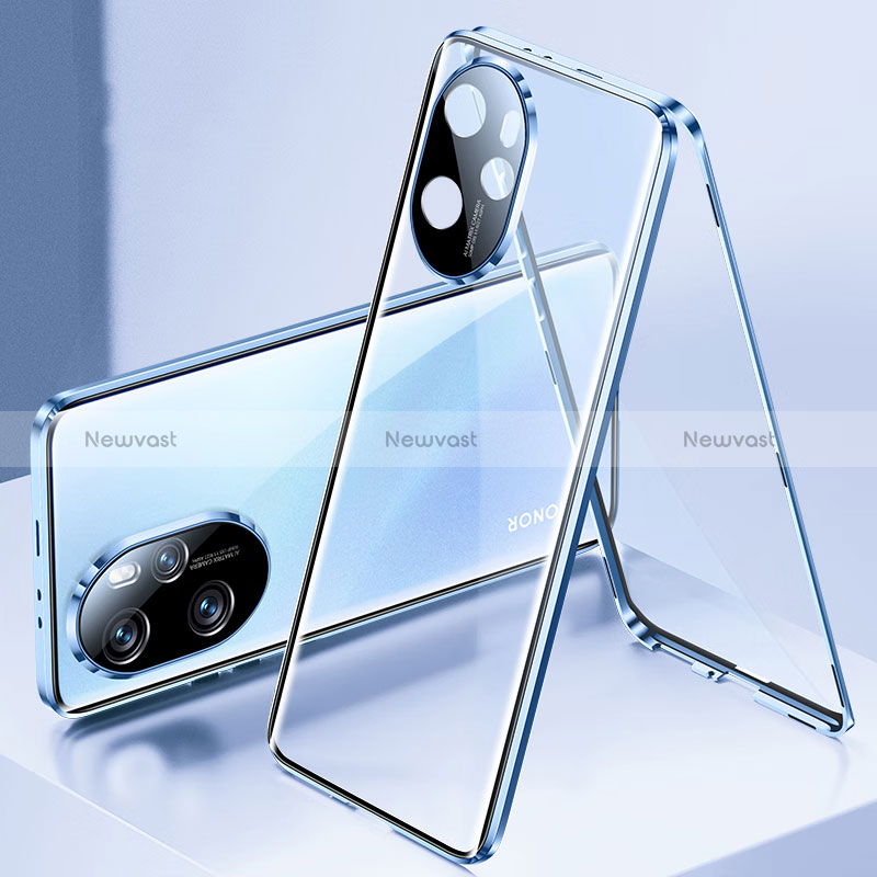 Luxury Aluminum Metal Frame Mirror Cover Case 360 Degrees for Huawei Honor 100 Pro 5G Blue