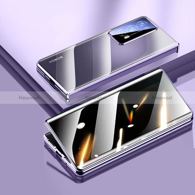 Luxury Aluminum Metal Frame Mirror Cover Case 360 Degrees for Huawei Honor Magic V2 5G Purple