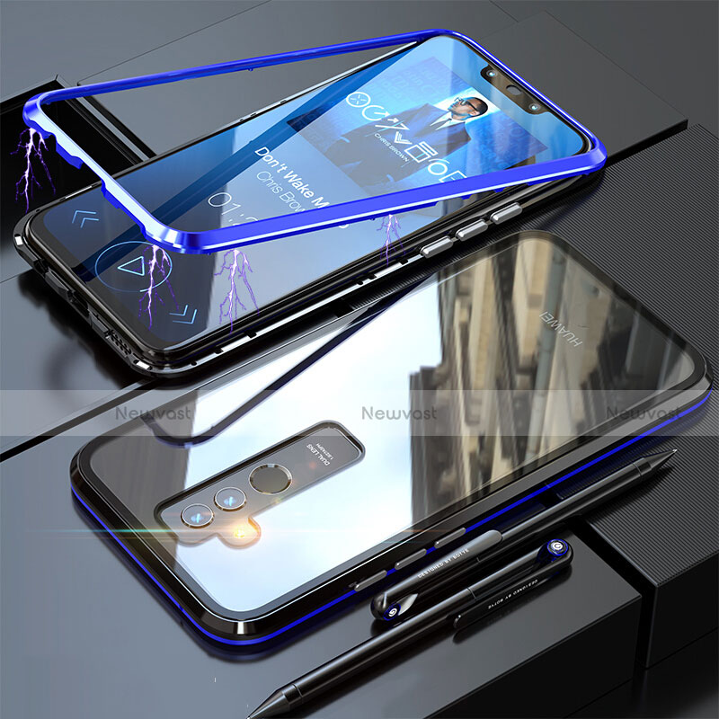 Luxury Aluminum Metal Frame Mirror Cover Case 360 Degrees for Huawei Mate 20 Lite Blue