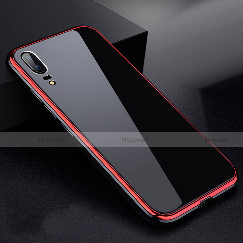 Luxury Aluminum Metal Frame Mirror Cover Case 360 Degrees for Huawei P20 Red and Black