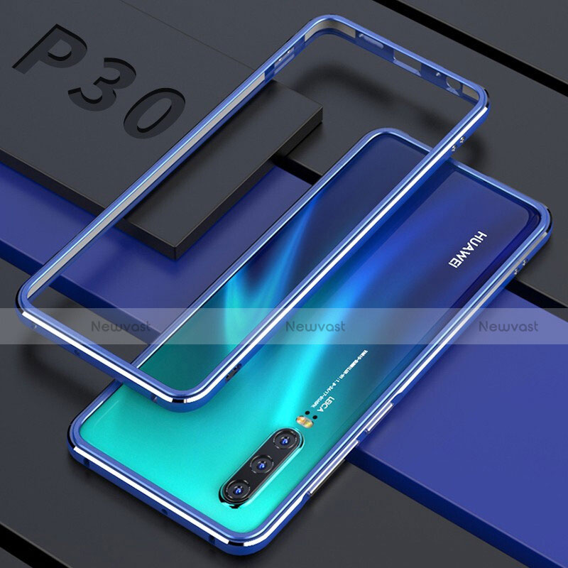 Luxury Aluminum Metal Frame Mirror Cover Case 360 Degrees for Huawei P30 Blue