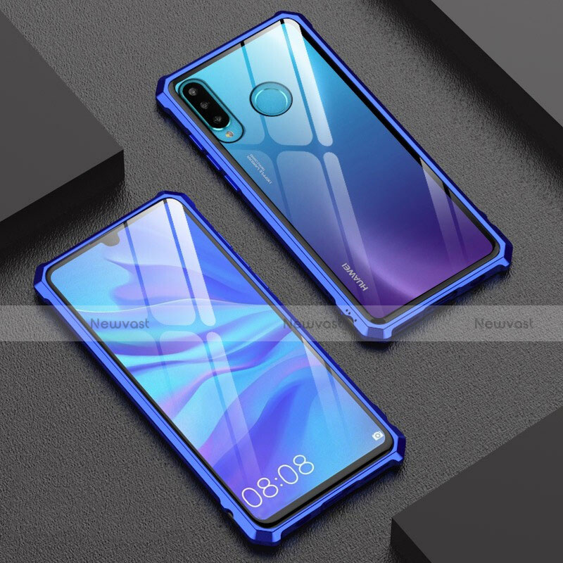 Luxury Aluminum Metal Frame Mirror Cover Case 360 Degrees for Huawei P30 Lite New Edition Blue