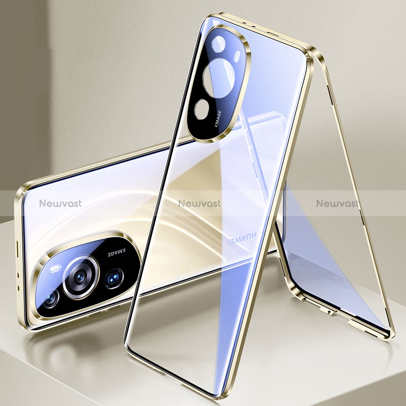 Luxury Aluminum Metal Frame Mirror Cover Case 360 Degrees for Huawei P60 Art Gold