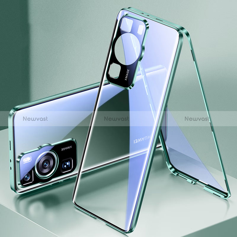 Luxury Aluminum Metal Frame Mirror Cover Case 360 Degrees for Huawei P60 Green