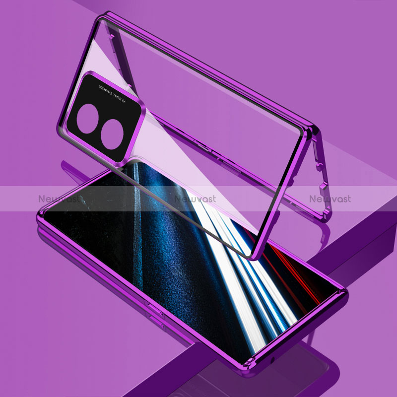 Luxury Aluminum Metal Frame Mirror Cover Case 360 Degrees for Oppo A38 Purple