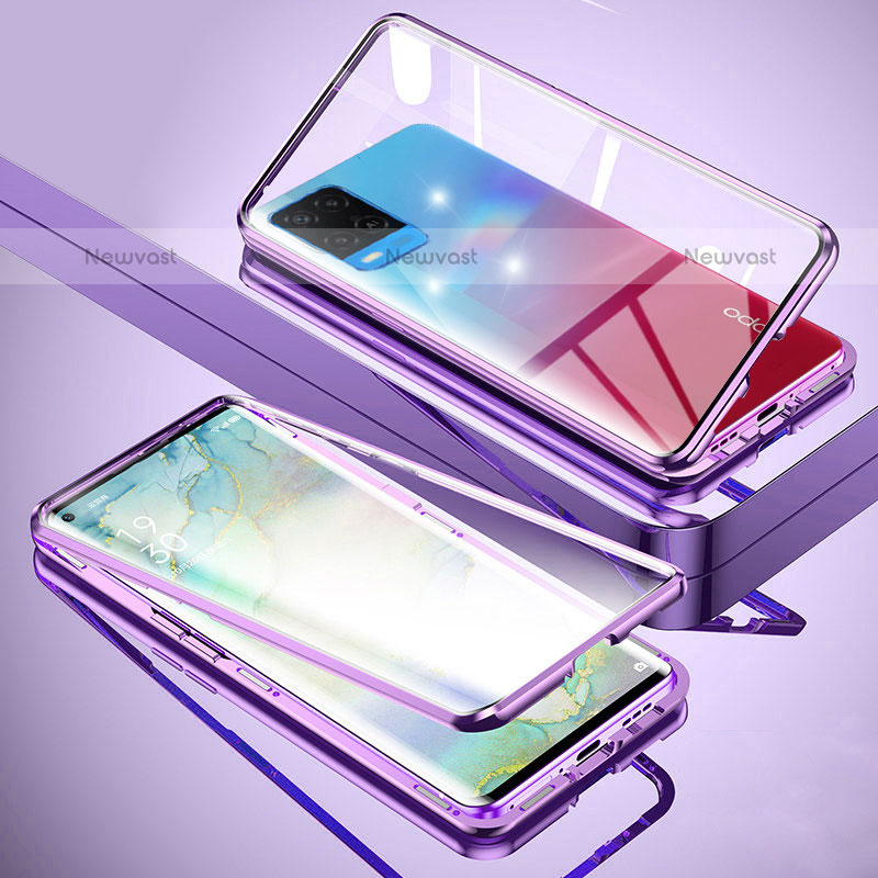 Luxury Aluminum Metal Frame Mirror Cover Case 360 Degrees for Oppo A54 4G Purple