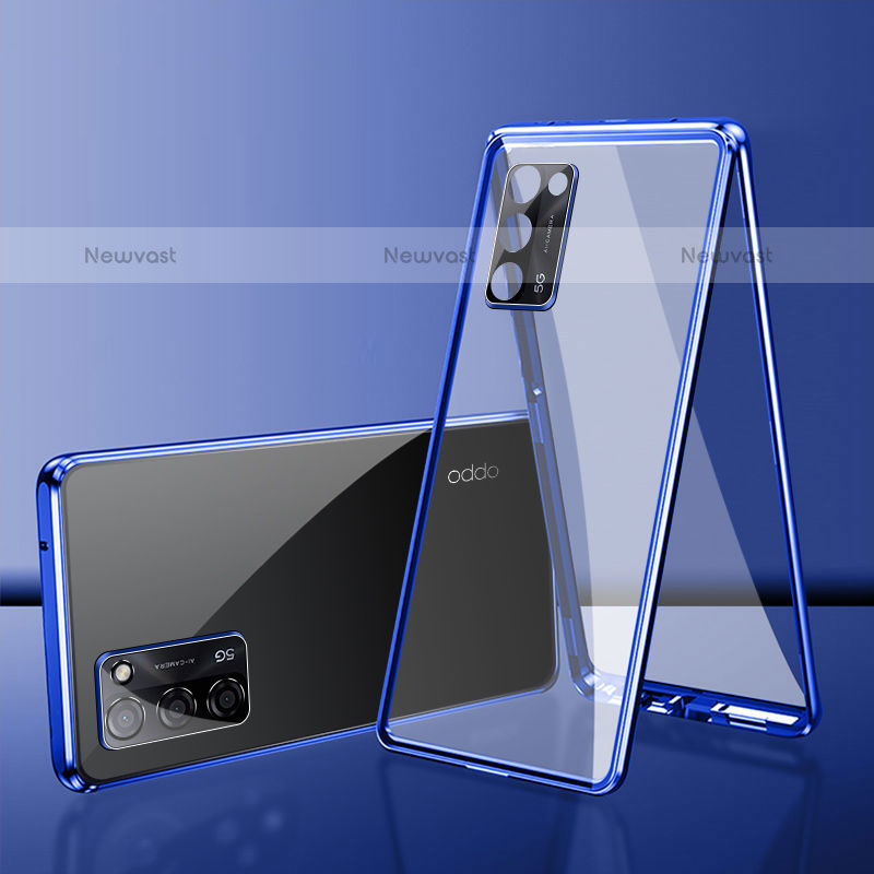 Luxury Aluminum Metal Frame Mirror Cover Case 360 Degrees for Oppo A55 5G Blue