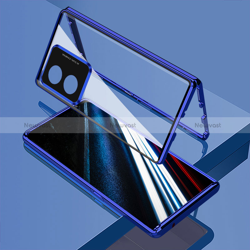 Luxury Aluminum Metal Frame Mirror Cover Case 360 Degrees for Oppo A78 4G Blue