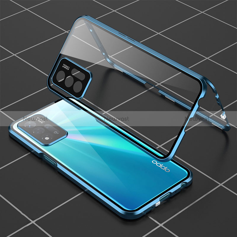 Luxury Aluminum Metal Frame Mirror Cover Case 360 Degrees for Oppo A93s 5G Blue