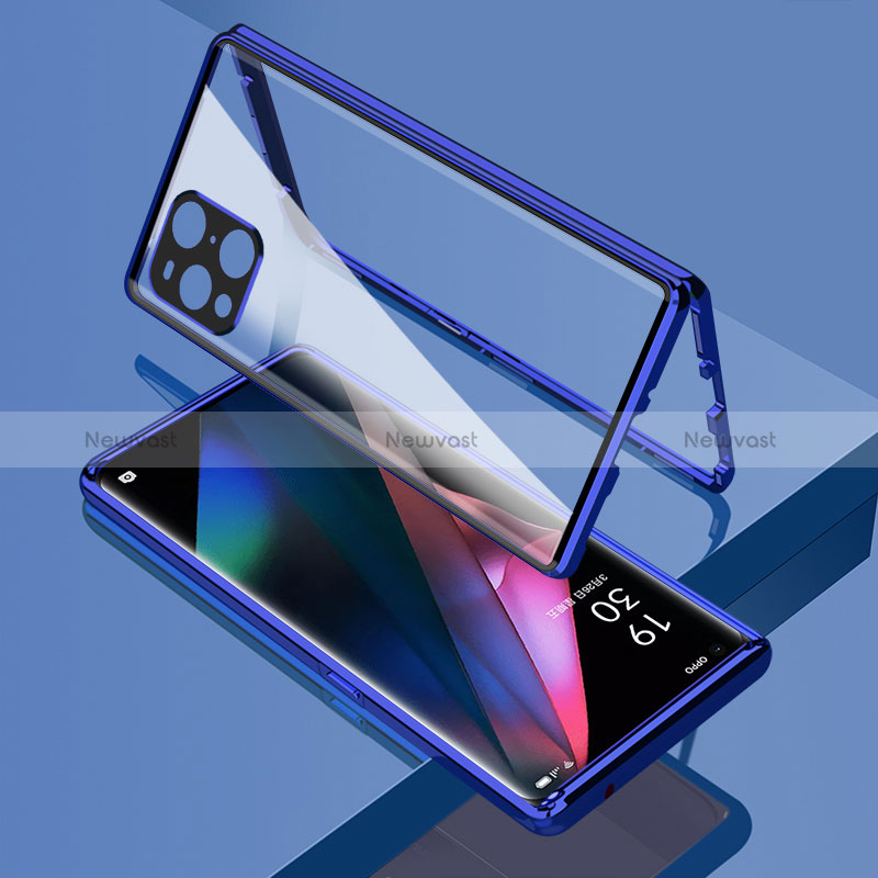 Luxury Aluminum Metal Frame Mirror Cover Case 360 Degrees for Oppo Find X3 5G Blue