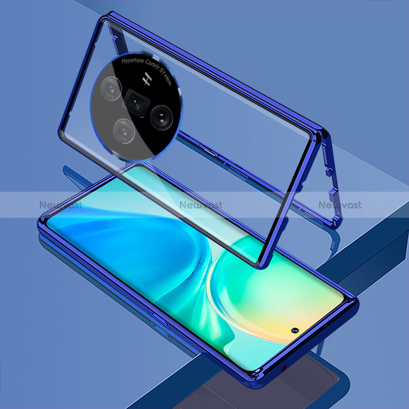 Luxury Aluminum Metal Frame Mirror Cover Case 360 Degrees for Oppo Find X7 5G Blue