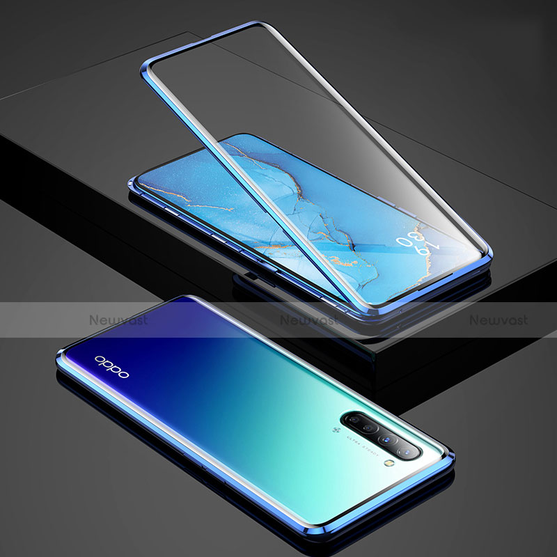 Luxury Aluminum Metal Frame Mirror Cover Case 360 Degrees for Oppo Reno3 Blue