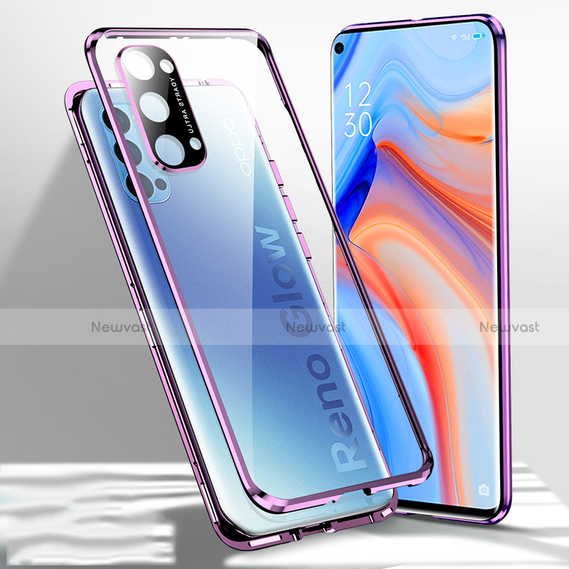 Luxury Aluminum Metal Frame Mirror Cover Case 360 Degrees for Oppo Reno4 5G Purple