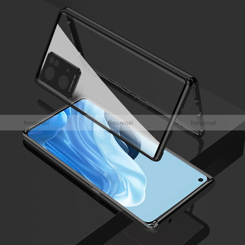 Luxury Aluminum Metal Frame Mirror Cover Case 360 Degrees for Oppo Reno7 Pro 5G Black