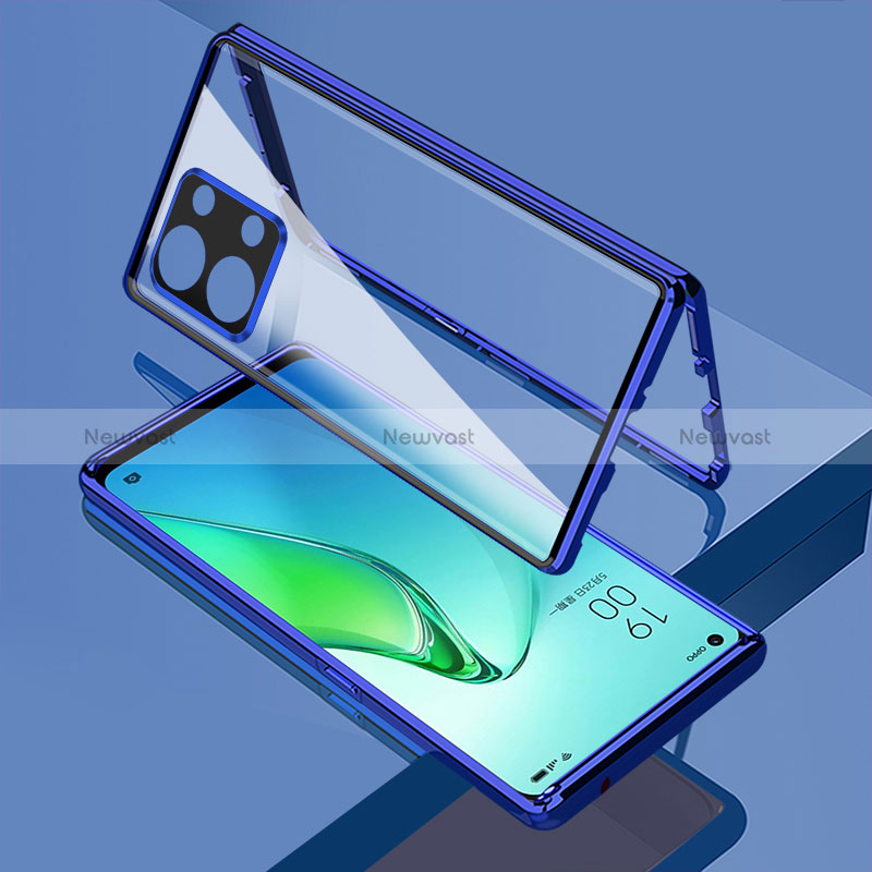 Luxury Aluminum Metal Frame Mirror Cover Case 360 Degrees for Oppo Reno9 Pro+ Plus 5G Blue