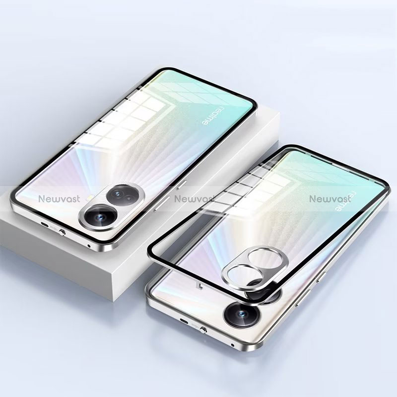 Luxury Aluminum Metal Frame Mirror Cover Case 360 Degrees for Realme 10 Pro+ Plus 5G Silver