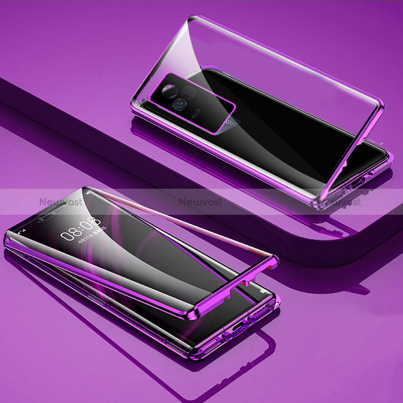 Luxury Aluminum Metal Frame Mirror Cover Case 360 Degrees for Vivo iQOO 7 5G Purple