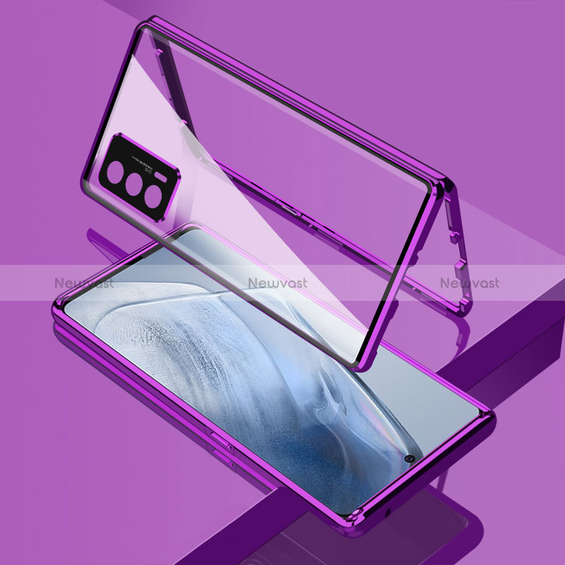 Luxury Aluminum Metal Frame Mirror Cover Case 360 Degrees for Vivo iQOO 7 India 5G Purple